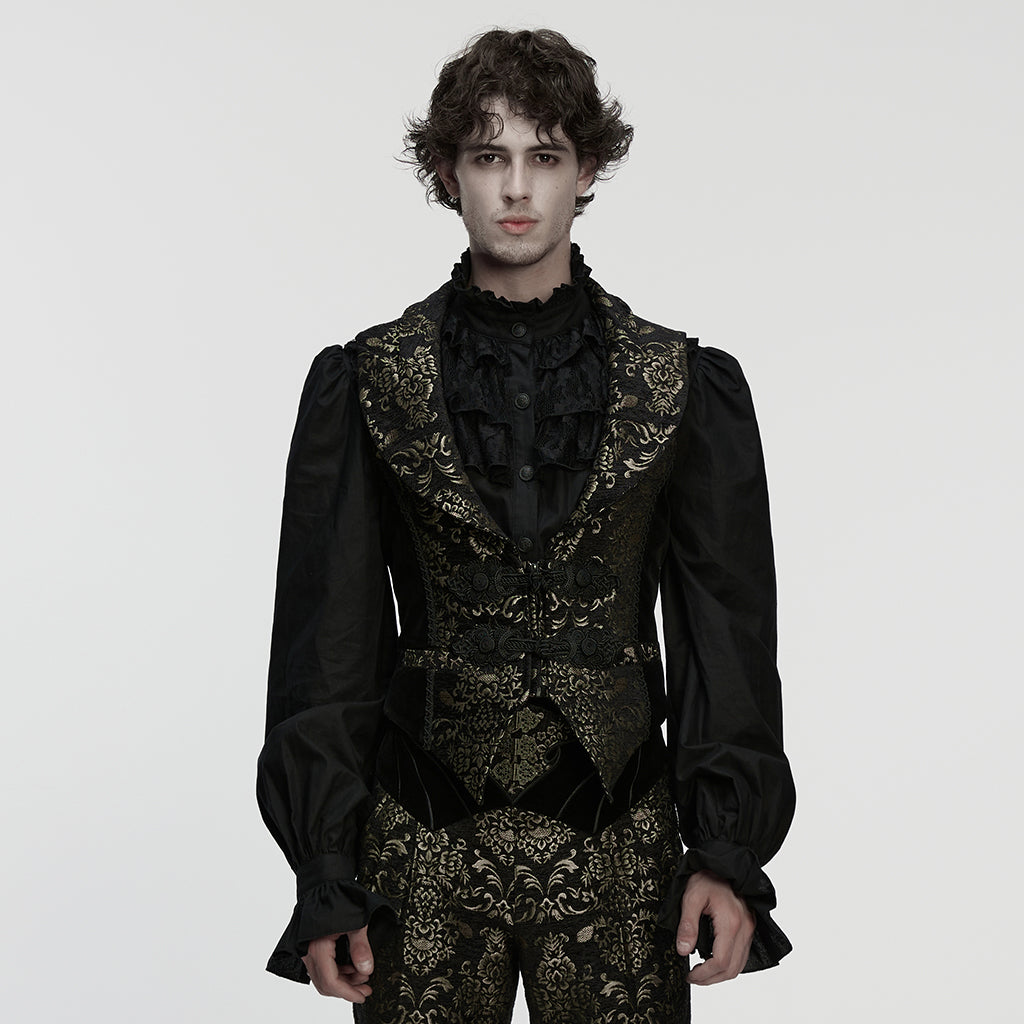 WY-1877MJM Regal Brocade Gothic Vest Victorian Style Embroidered Waistcoat Gothic Vest Vintage Brocade Design Black Gold Costume Mens Elegant Brocade Gothic Vest Victorian Steampunk Costume Waistcoat