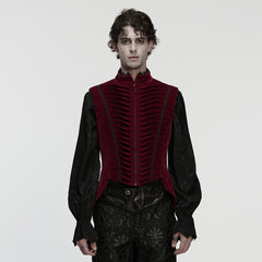 WY-1880MJM Gothic Vest Velvet Ruffled High Collar Medieval Style Rich Velvet Steampunk Gothic Vest with Pleated Detailing Mens Red Ribbed Gothic Vest Tailored High Collar