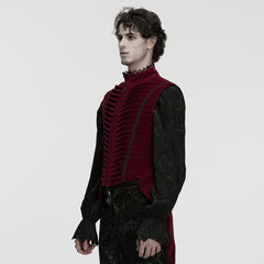 WY-1880MJM Gothic Vest Velvet Ruffled High Collar Medieval Style Rich Velvet Steampunk Gothic Vest with Pleated Detailing Mens Red Ribbed Gothic Vest Tailored High Collar
