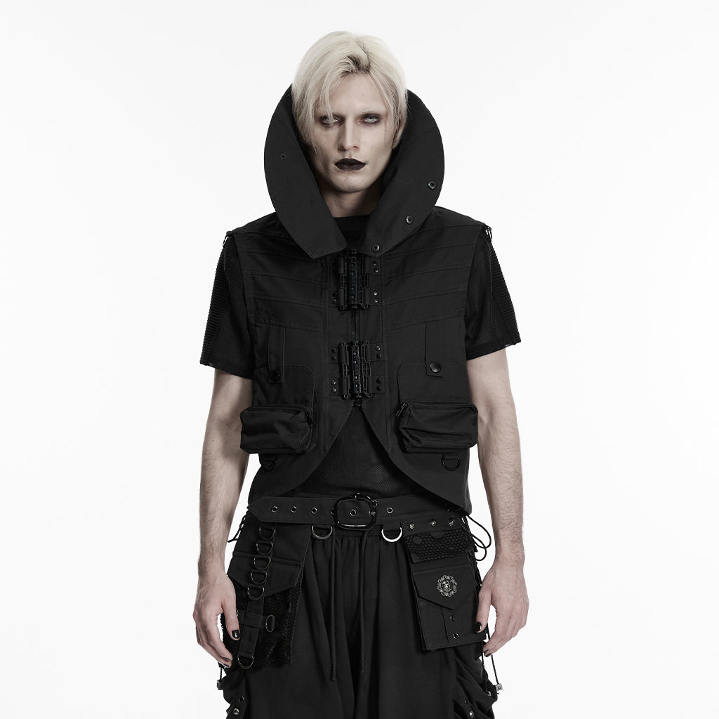 WY-1929MJM Gothic Black High Collar Tactical Punk Vests with Utility Pockets