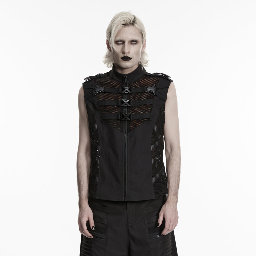WY-1931MJM Edgy Gothic Black Mesh Vest with Straps Punk Vests