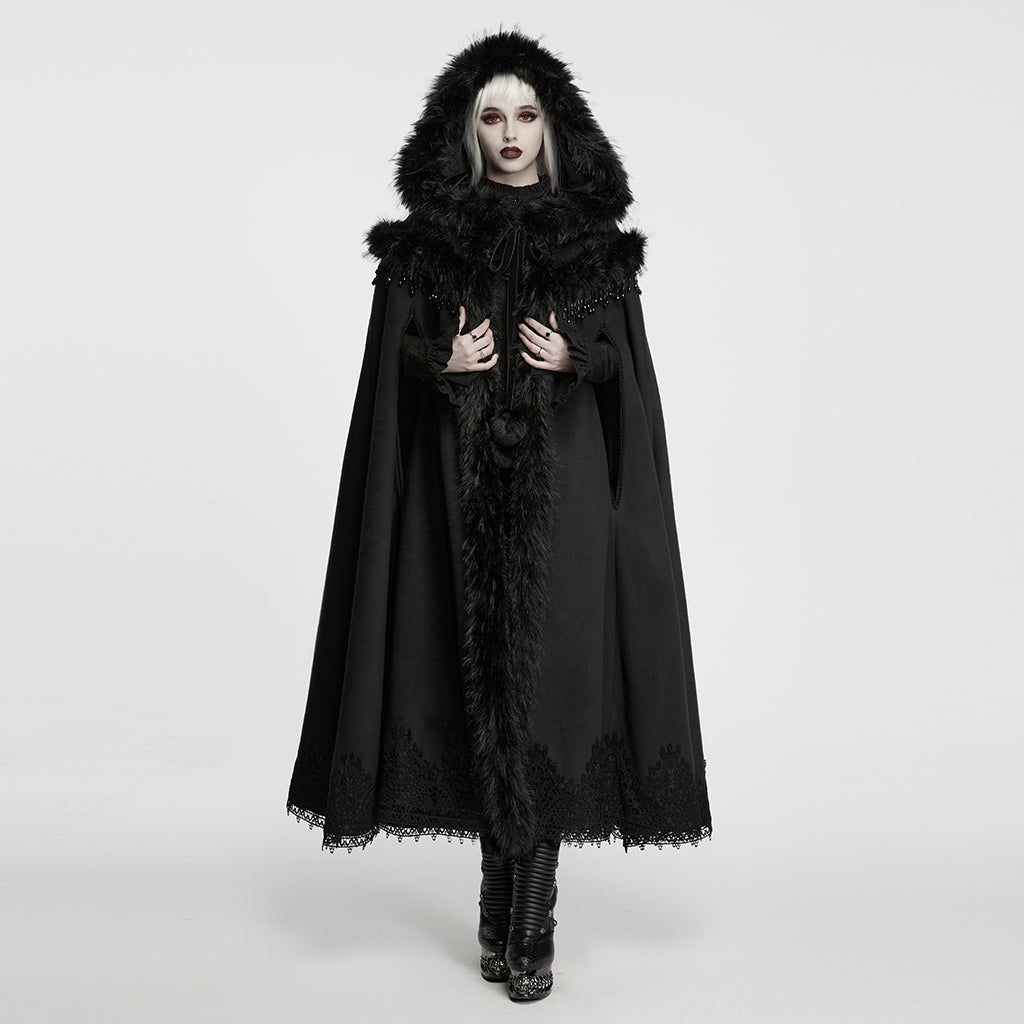 WY-1962DPF Luxurious Faux Fur Trimmed Hooded Gothic Coat with Lace Detail