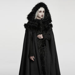 WY-1962DPF Luxurious Faux Fur Trimmed Hooded Gothic Coat with Lace Detail