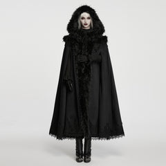 WY-1962DPF Luxurious Faux Fur Trimmed Hooded Gothic Coat with Lace Detail