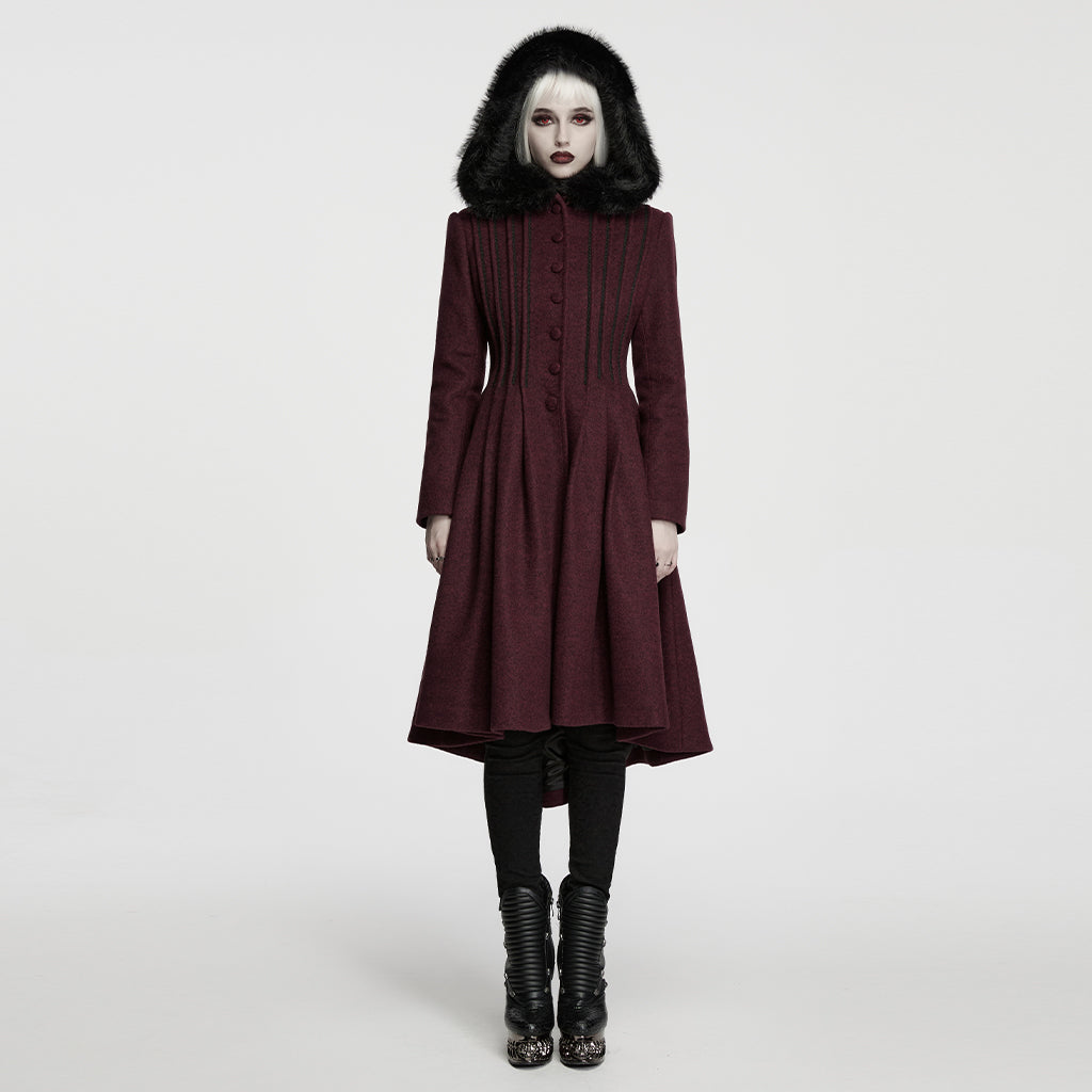 WY-1968ECF Gothic Coat with Black Fur Collar and High Low Hem Design