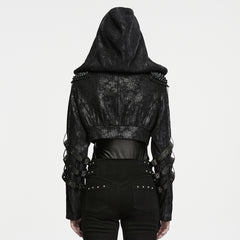 WY-1971XDF Gothic Black Hooded Punk Jacket with Rivet Strap Details