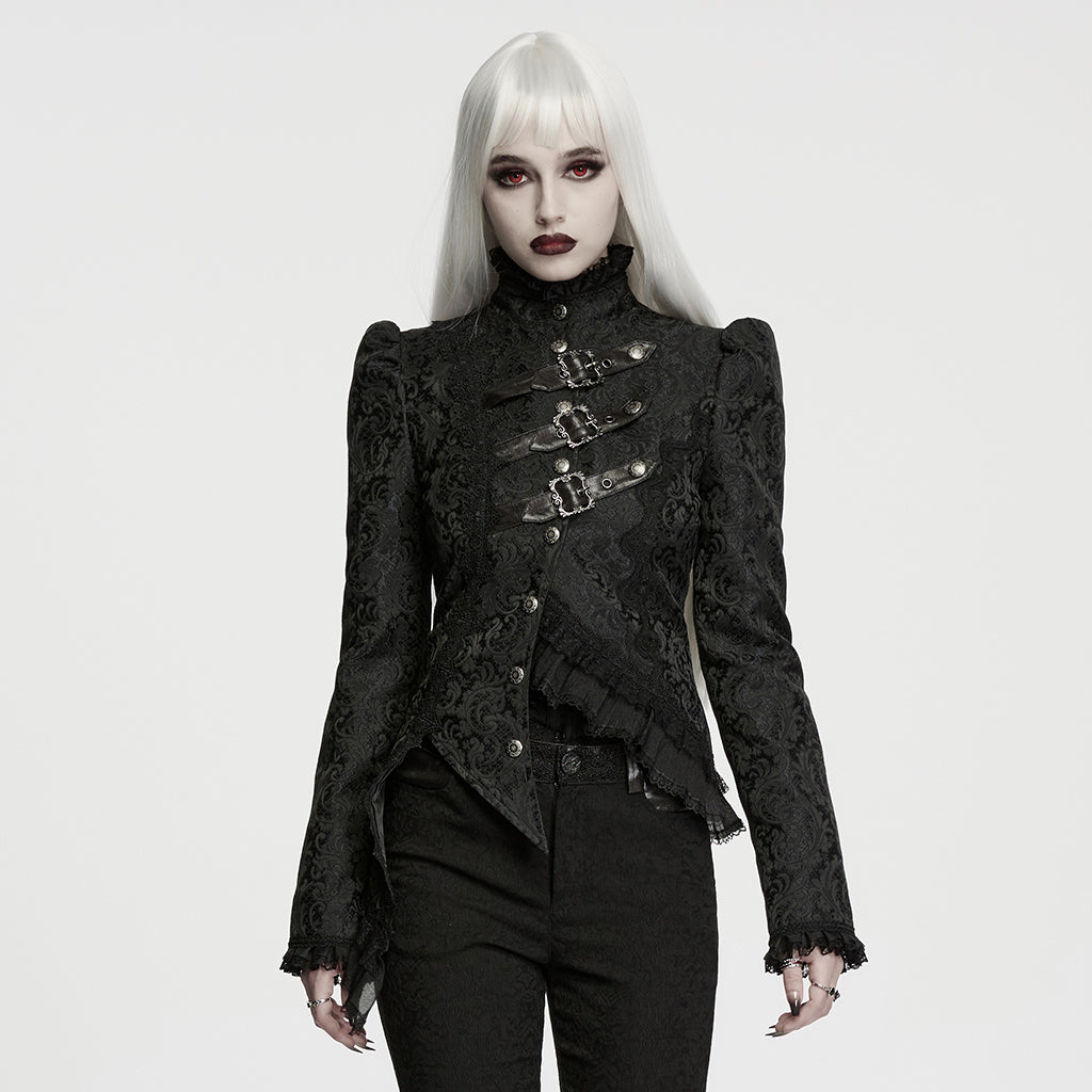 WY-1974XCF Ornate Brocade Gothic Jacket with Buckle Straps and High Collar