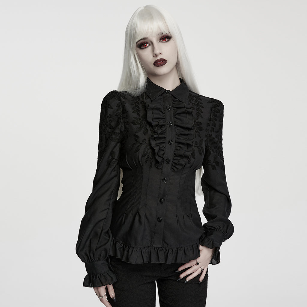 WY-1977CCF Victorian Gothic Shirts Black Embroidered Ruffled Long Sleeve Blouse