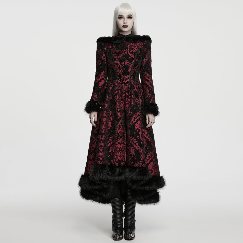 WY-1980XCF Gothic Jacket Long Red Brocade Black Fur Trimmed Coat