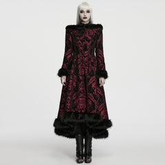 WY-1980XCF Gothic Jacket Long Red Brocade Black Fur Trimmed Coat