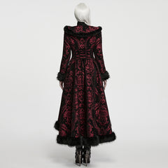 WY-1980XCF Gothic Jacket Long Red Brocade Black Fur Trimmed Coat