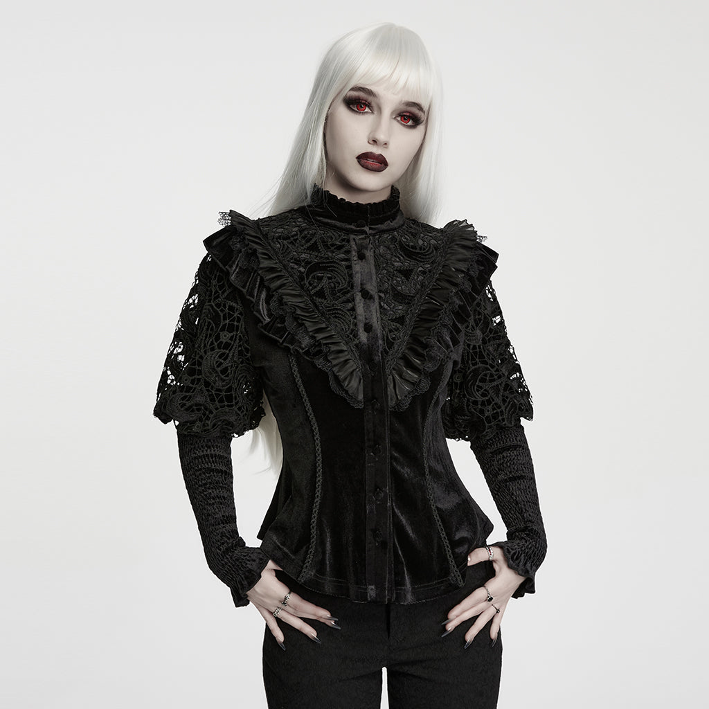 WY-1983CCF Gothic Shirts Velvet Lace Ruffled Victorian Style Blouse