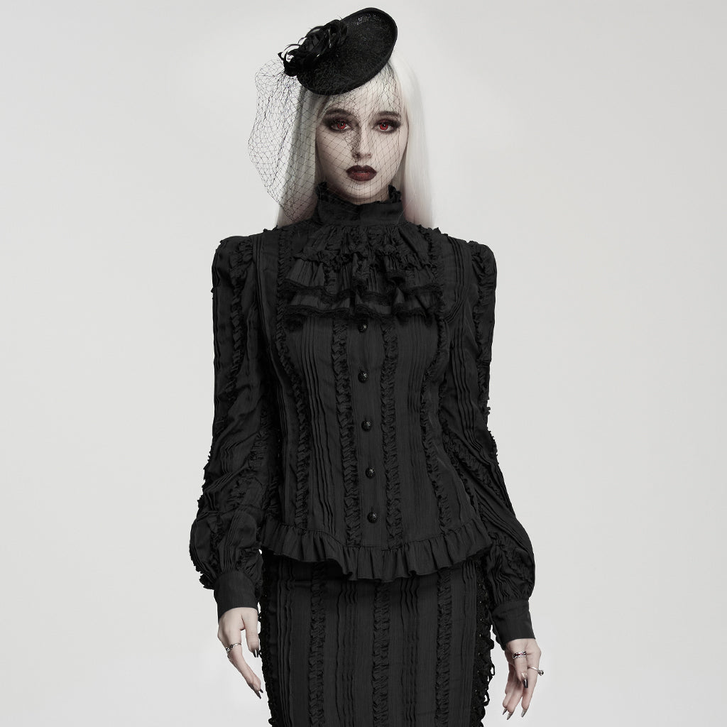 WY-1985CCF Victorian Gothic Shirts Black Ruffled High Neck Blouse Vintage Style