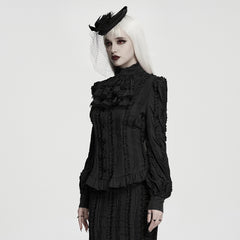 WY-1985CCF Victorian Gothic Shirts Black Ruffled High Neck Blouse Vintage Style