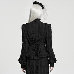 WY-1985CCF Victorian Gothic Shirts Black Ruffled High Neck Blouse Vintage Style