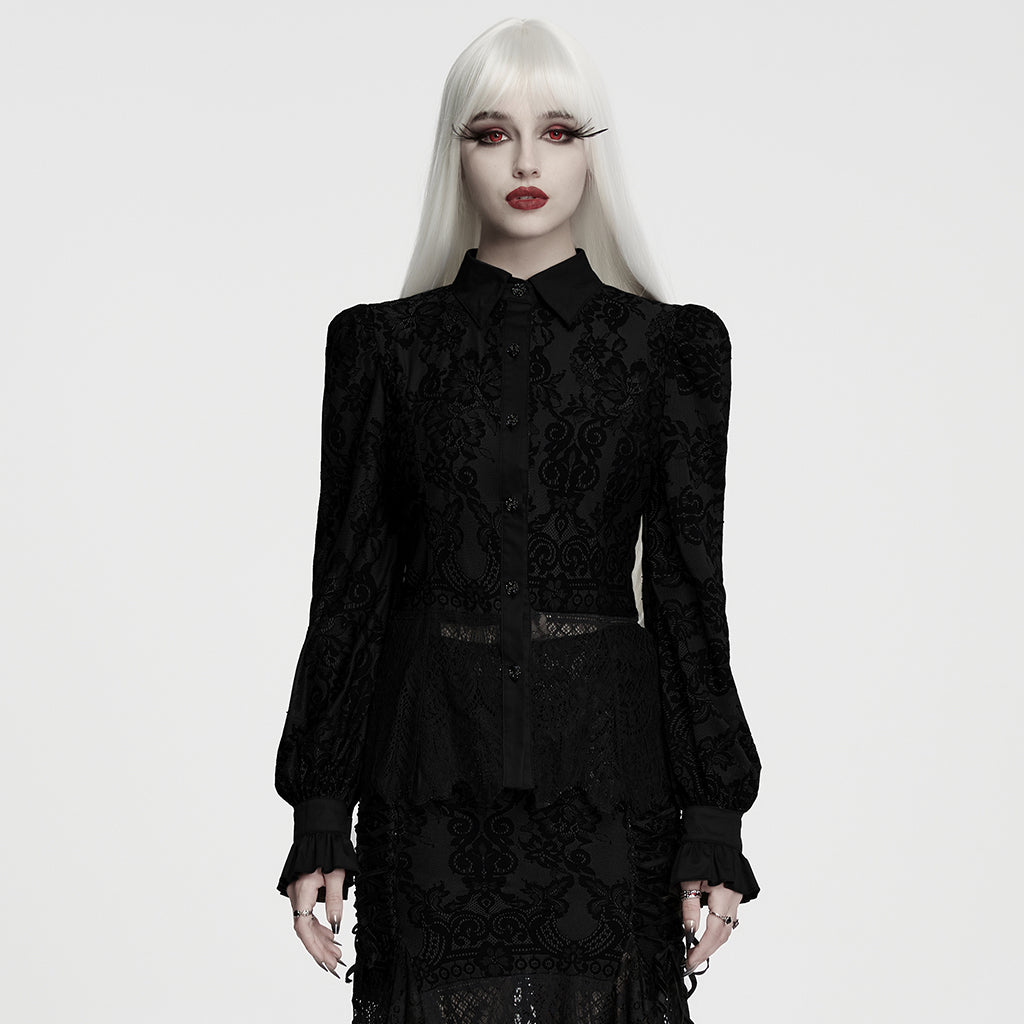 WY-1987CCF Elegant Black Lace Gothic Shirt with Lace Cuffs Design