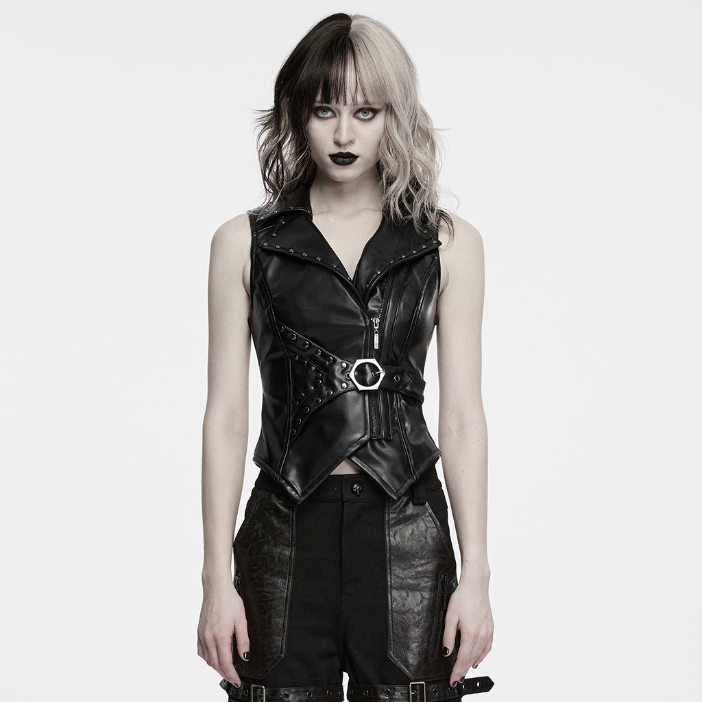 WY-1989MJF Studded Black Leather Punk Vests with Buckle Front Design