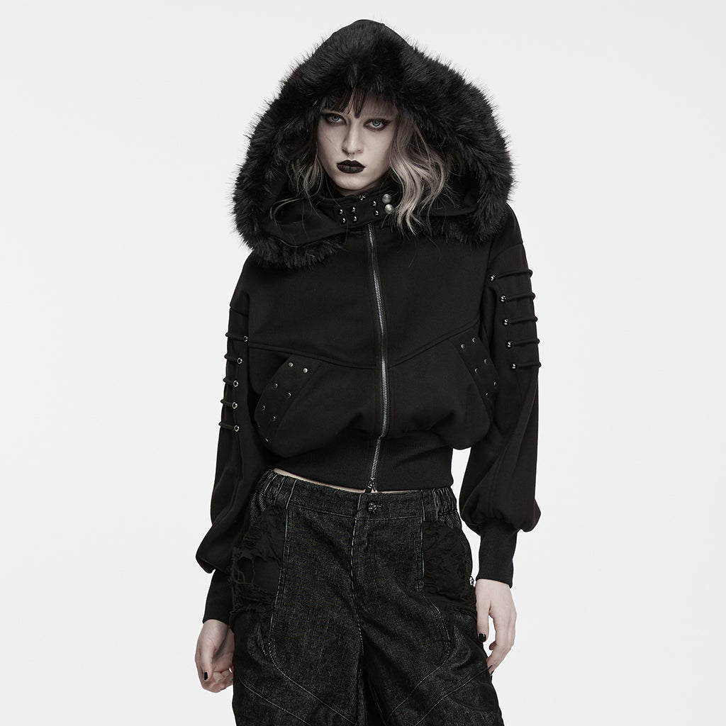WY-1994XDF Gothic Fur Hooded Black Punk Jackets with Studded Details