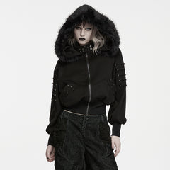WY-1994XDF Gothic Fur Hooded Black Punk Jackets with Studded Details