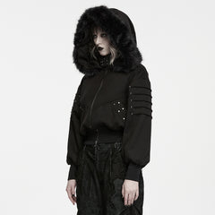 WY-1994XDF Gothic Fur Hooded Black Punk Jackets with Studded Details