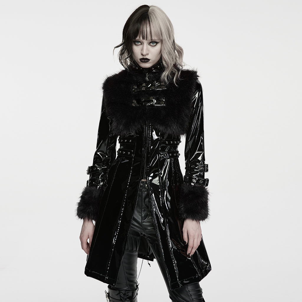 WY-1995PCF Black Faux Fur Trimmed Patent Punk Jacket Gothic Style