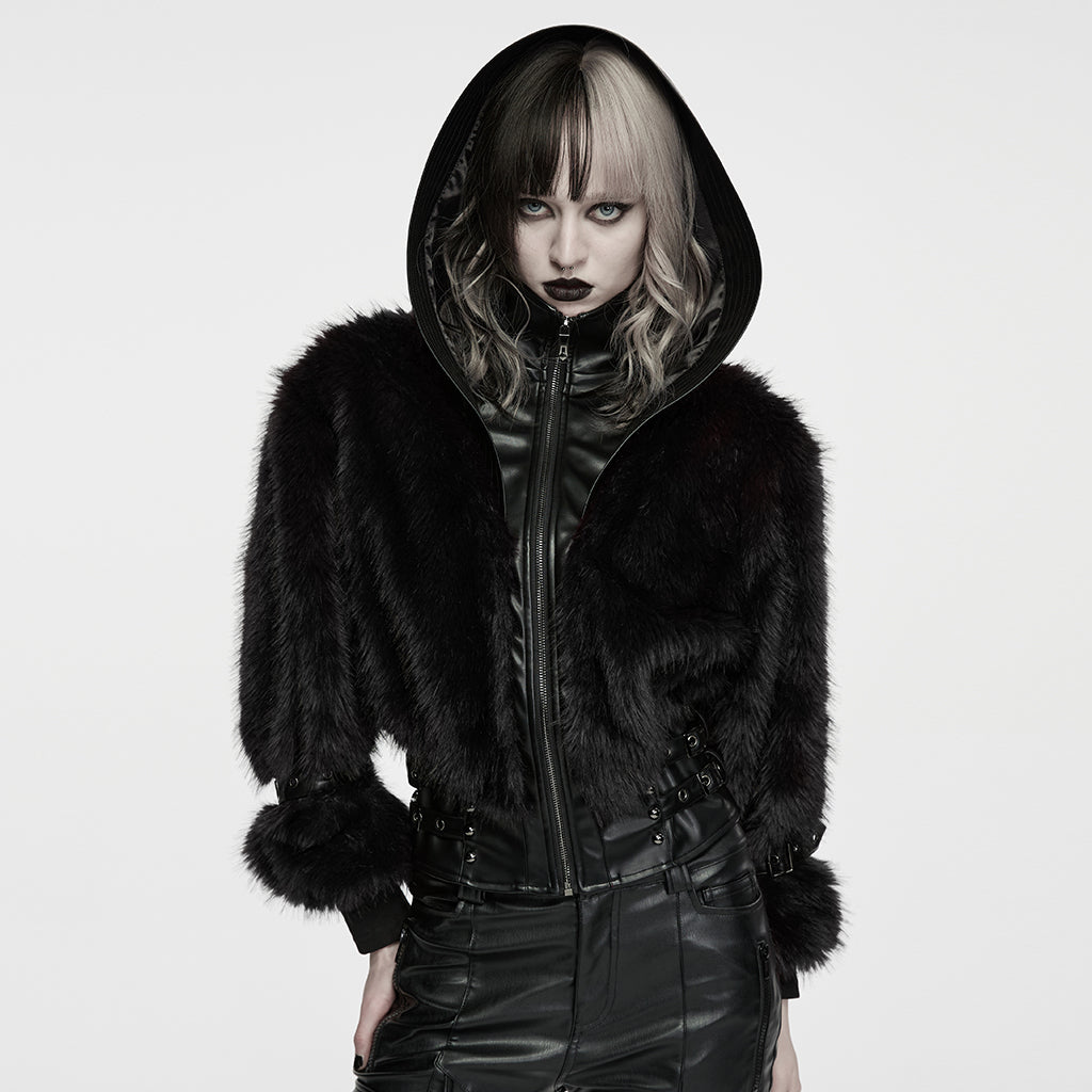 WY-1996XDF Faux Fur Hooded Leather Punk Coat with Buckle Details
