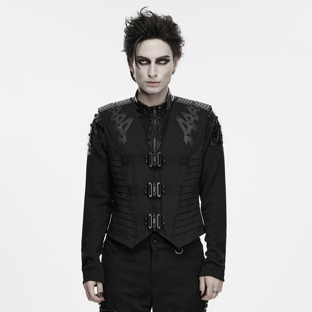 WY-2007MJM Men s Black Gothic Harness Punk Vests with Buckle Straps