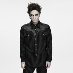 WY-2009CCM Black Striped Gothic Buckle Accent Long Sleeve Punk Shirt