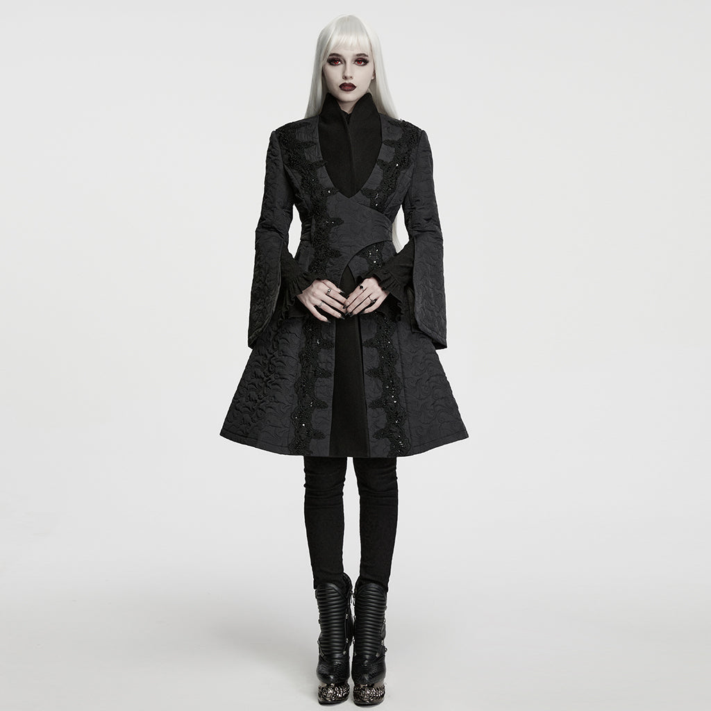WY-2012MCF Women s High Collar Black Embroidered Long Gothic Coat