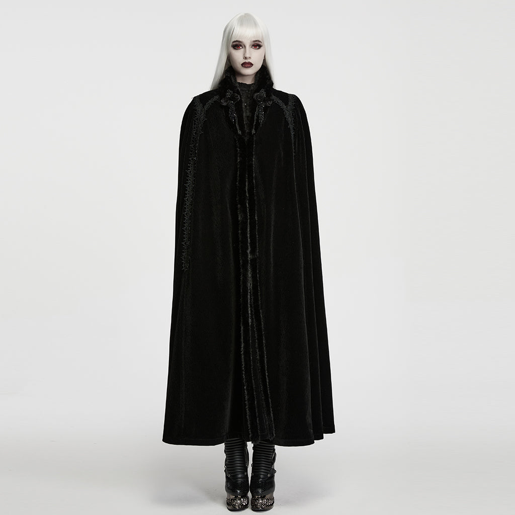 WY-2013DPF Black Velvet Embroidered Gothic Coat with Faux Fur Trim