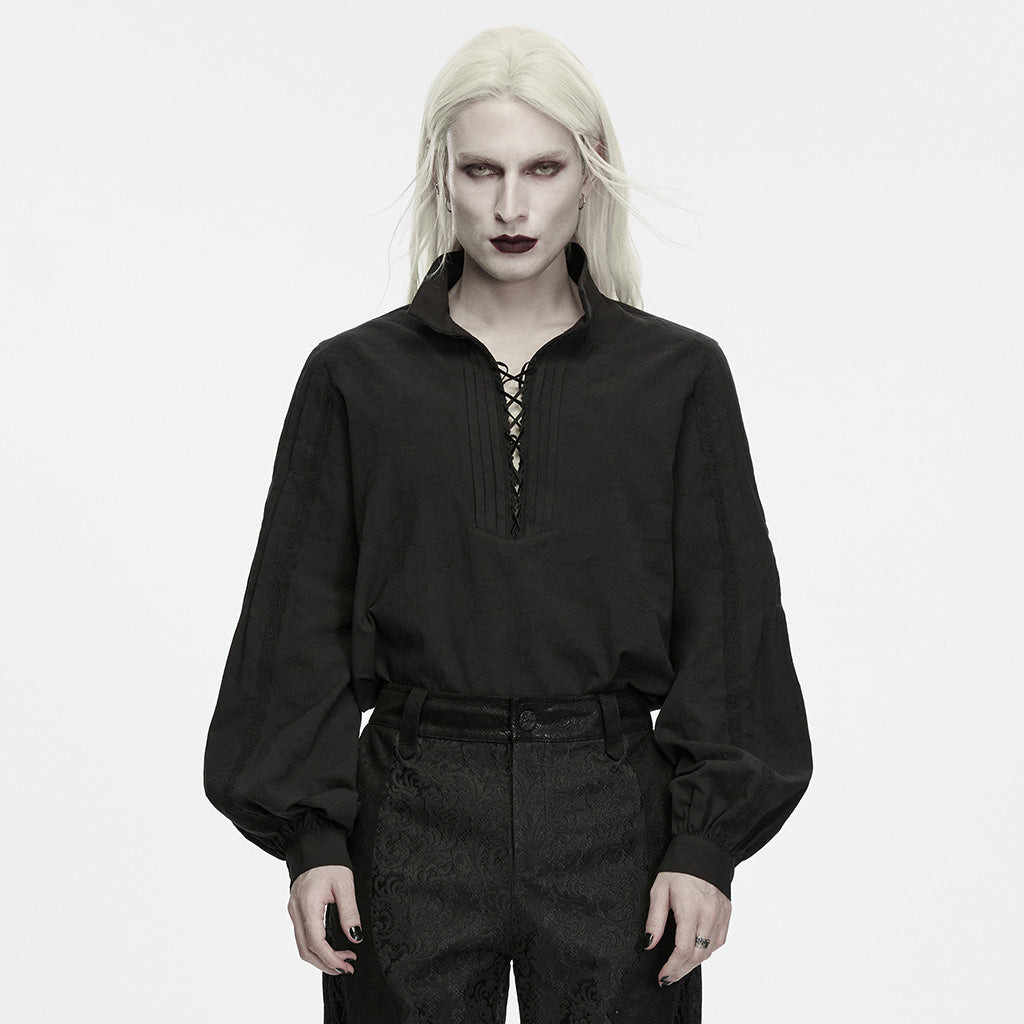 WY-2016CCM Gothic Shirts Black Lace Up Blouse with Puff Sleeves