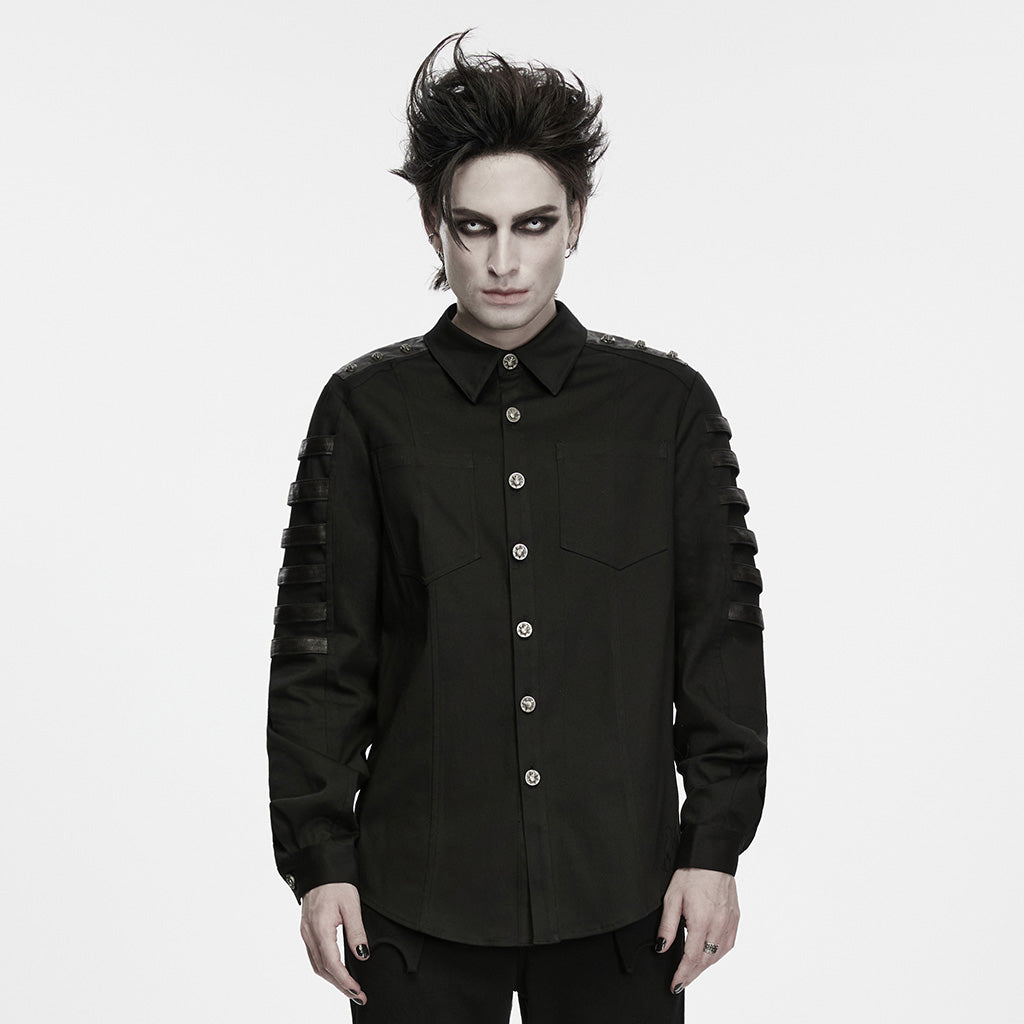 WY-2020CCM Black Long Sleeve Snap Button Punk Shirt with Strap Details