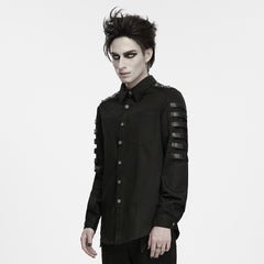 WY-2020CCM Black Long Sleeve Snap Button Punk Shirt with Strap Details