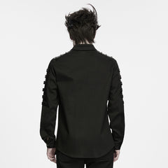 WY-2020CCM Black Long Sleeve Snap Button Punk Shirt with Strap Details