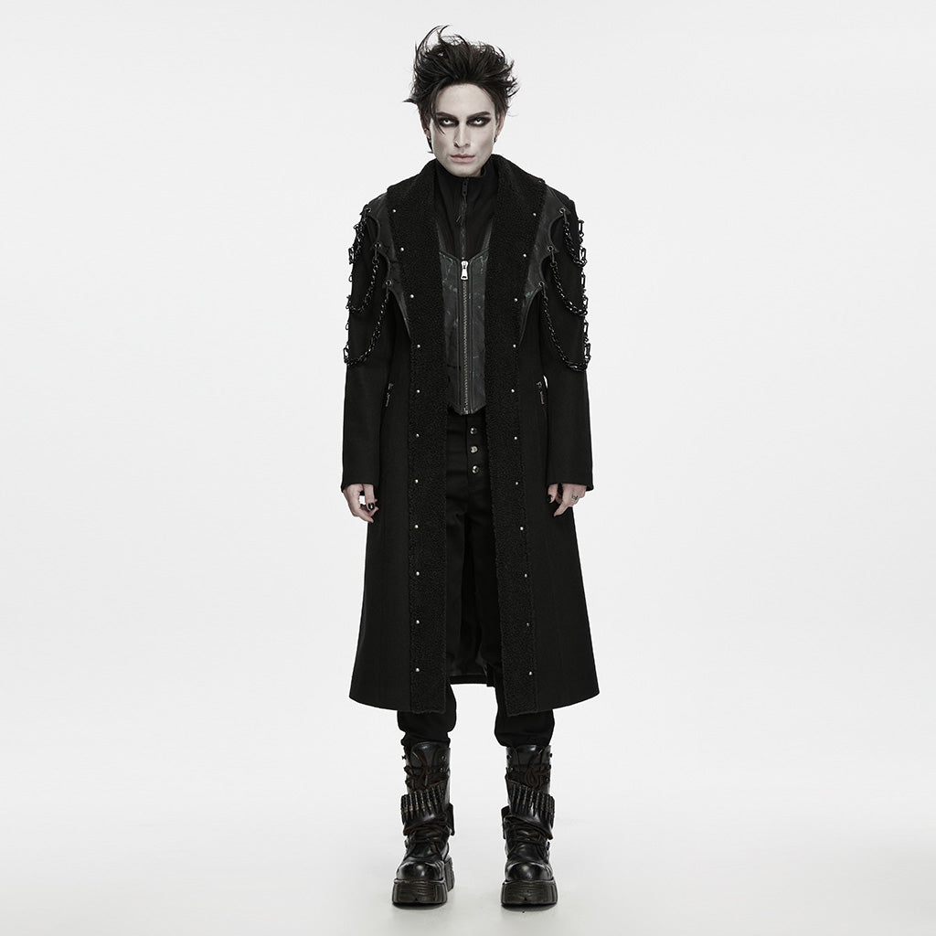 WY-2025XCM Gothic Black Long Coat Punk Jackets with Chain Details