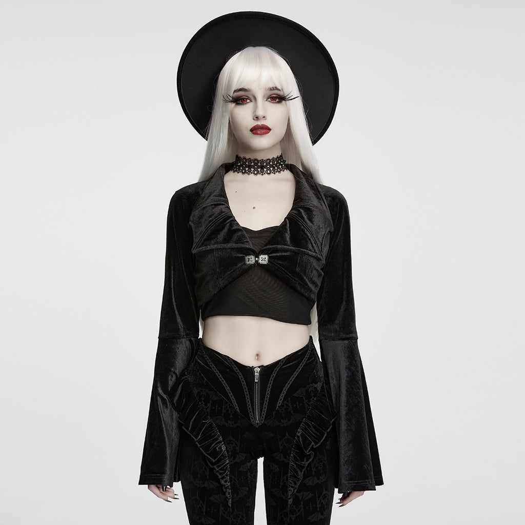 WY-2026LDF Black Velvet Bell Sleeve Gothic Jacket with Cropped Design