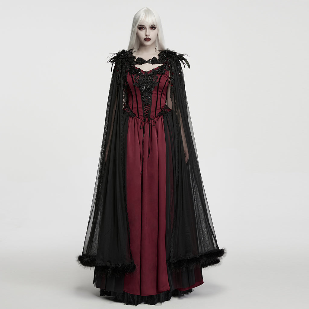 WY-2027DPF Gothic Dress Red Velvet Black Lace Victorian Cape Gown