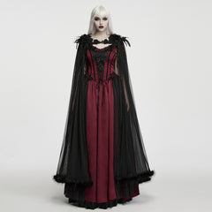 WY-2027DPF Gothic Dress Red Velvet Black Lace Victorian Cape Gown