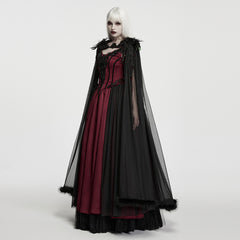 WY-2027DPF Gothic Dress Red Velvet Black Lace Victorian Cape Gown