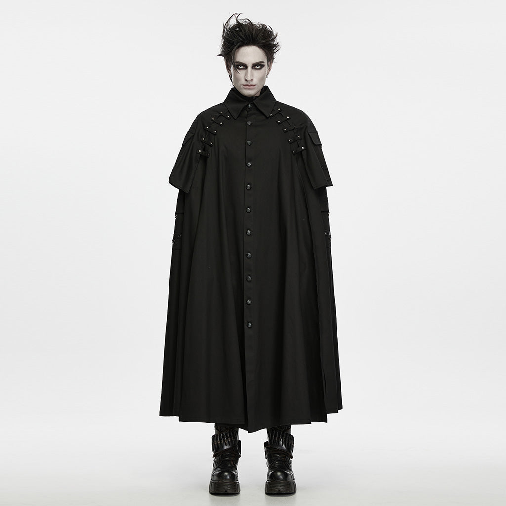 WY-2031DPM Gothic Black Long Buttoned Punk Coat with Studded Details