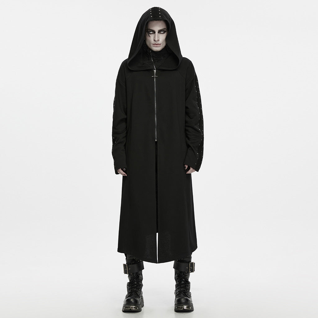 WY-2034XCM Gothic Hooded Long Black Zipper Punk Jacket with Studded Sleeves