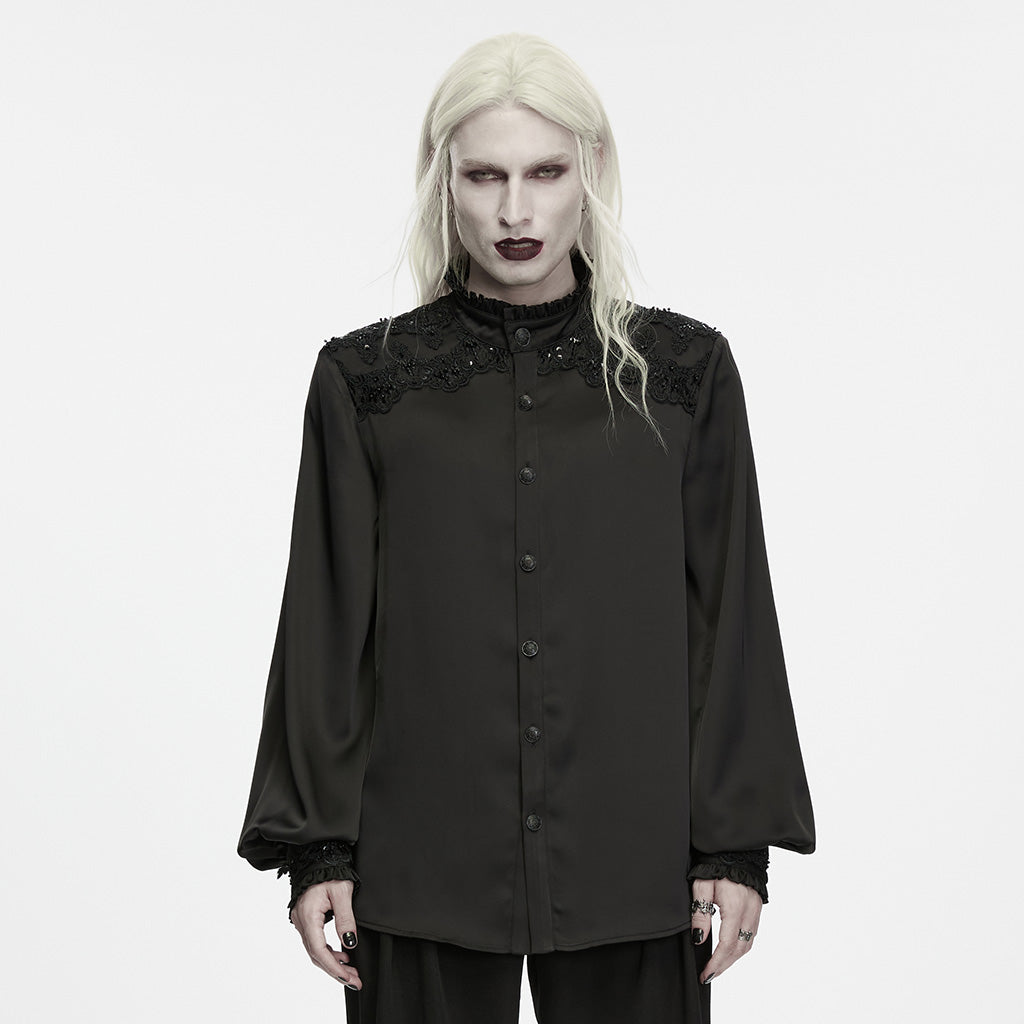 WY-2044CCM Black Gothic Shirts with Lace Shoulder Detail and Button Front Hem