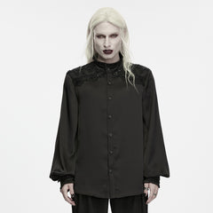 WY-2044CCM Black Gothic Shirts with Lace Shoulder Detail and Button Front Hem