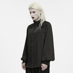 WY-2044CCM Black Gothic Shirts with Lace Shoulder Detail and Button Front Hem