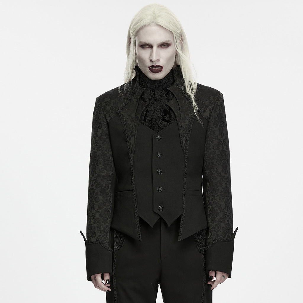 WY-2045LDM Elegant Black Brocade Gothic Jacket with Velvet Trim