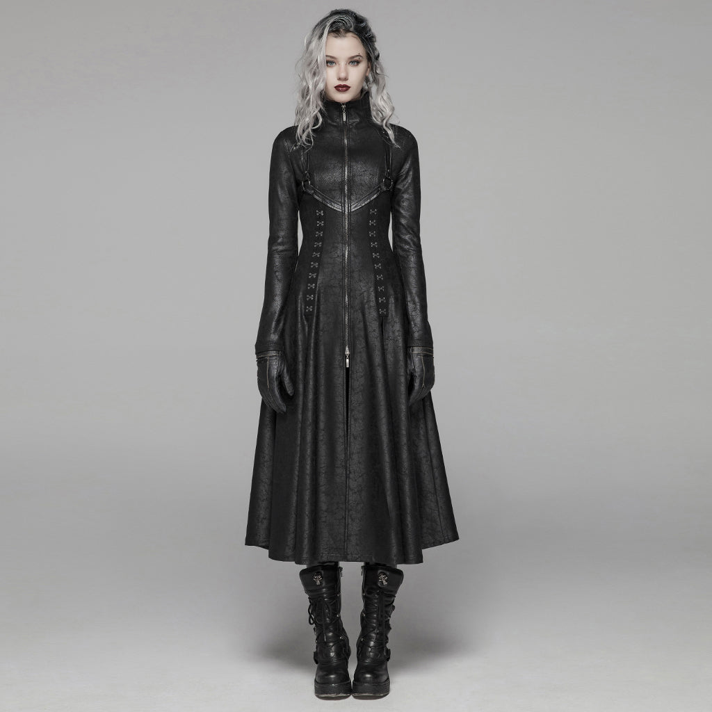 WY-1065XCF Gothic Steampunk Long Black Faux Leather Punk Coat Dress
