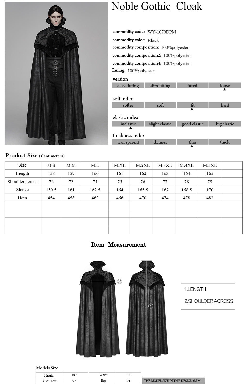 WY-1079DPM Noble Gothic Cloak Velvet Cape Medieval Full-Length Coat black