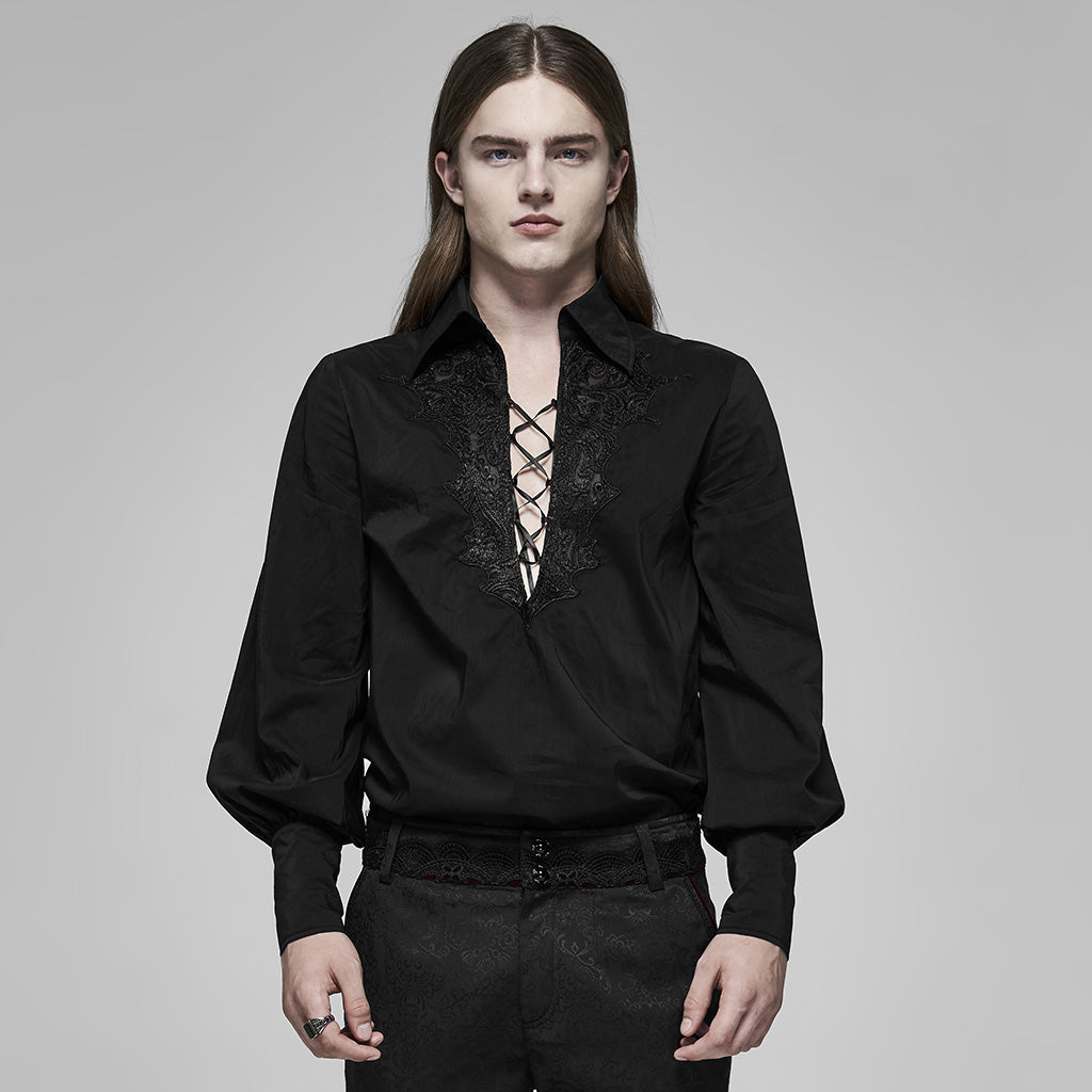 WY-1160CCM Mens Gothic Black Lace-Up Long Sleeve Shirt?-??Punk Rave Clothing