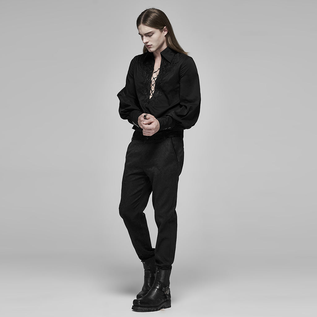 WY-1160CCM Mens Gothic Black Lace-Up Long Sleeve Shirt?-??Punk Rave Clothing
