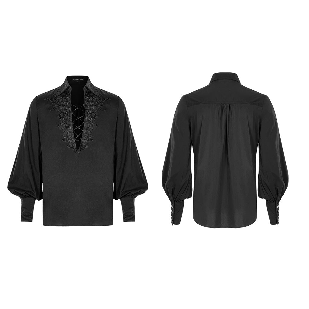 WY-1160CCM Mens Gothic Black Lace-Up Long Sleeve Shirt?-??Punk Rave Clothing